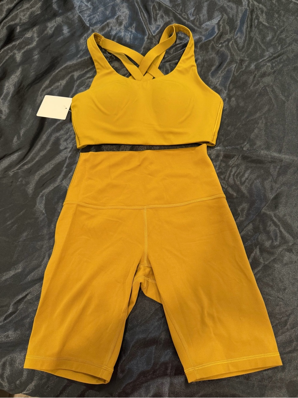 Mustard Yellow Activewear Set - Crisscross Sports Bra & High-Waist Biker Shorts